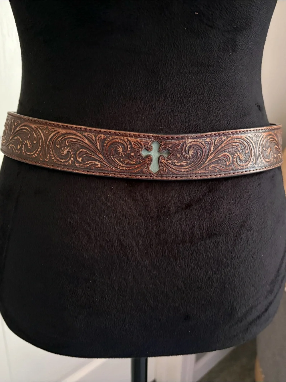 Nocona Brown Tooled Leather Belt with Silver-Tone Buckle and Turquoise Cross
